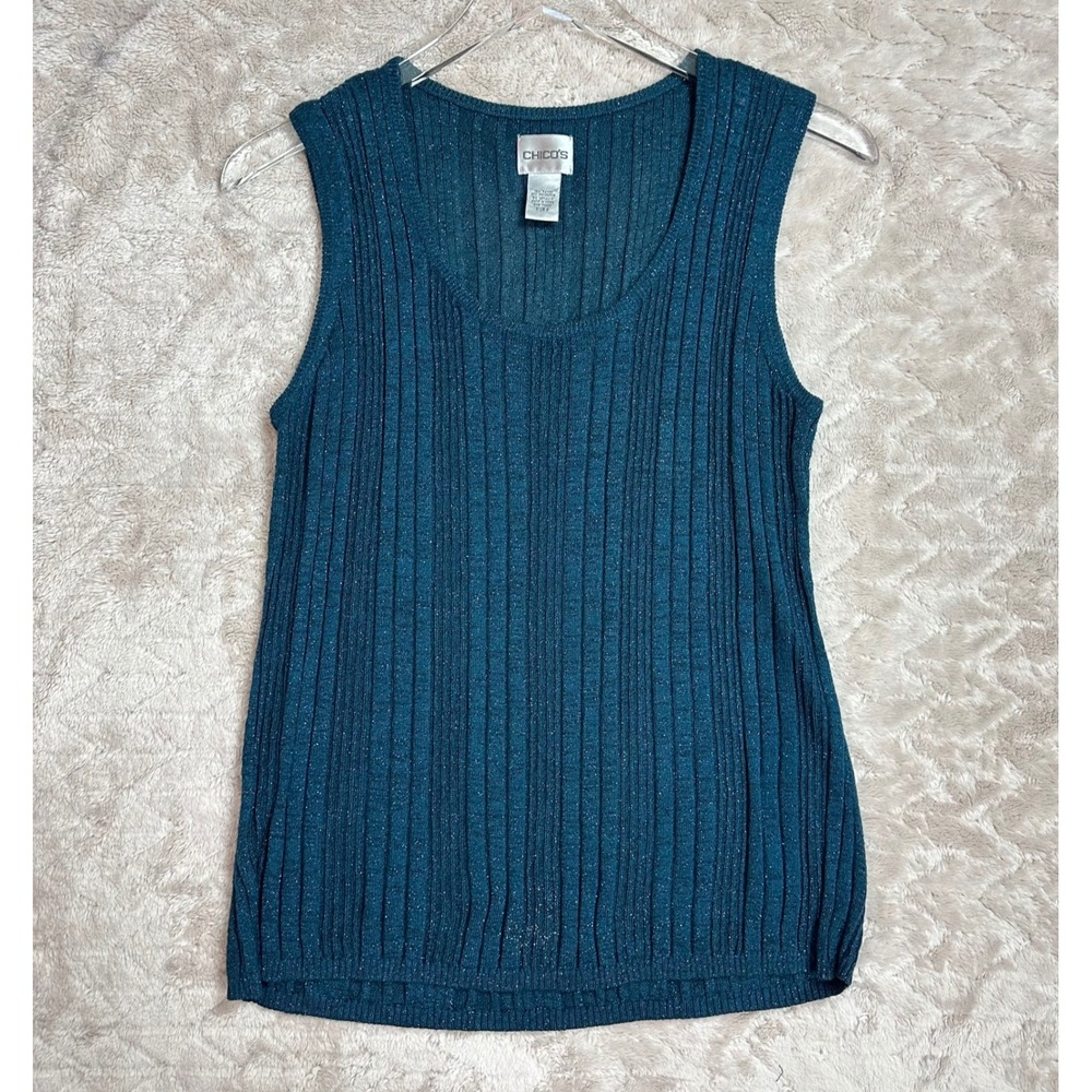 Chico's Dark Teal Metallic Ribbed Knit Sleeveless Scoop Neck Shell Top Size 2